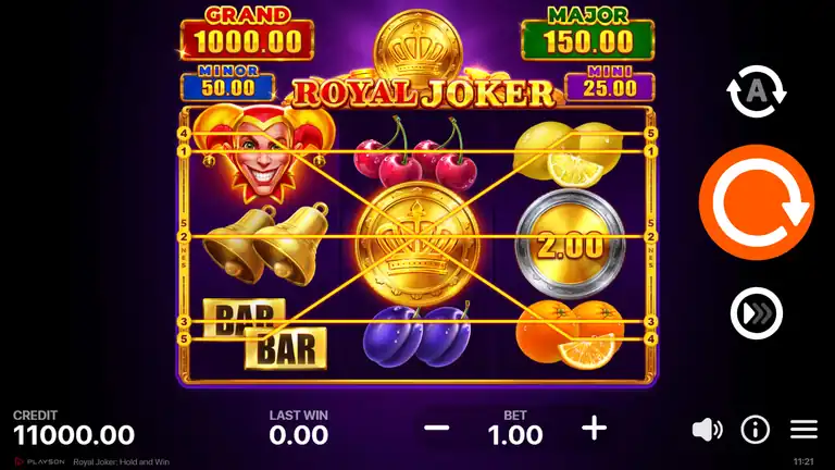 Royal Joker opening screen - credit EUR 11,000.00 at EUR 1.00 bet, four-jackpot banner and paylines shown before the first spin