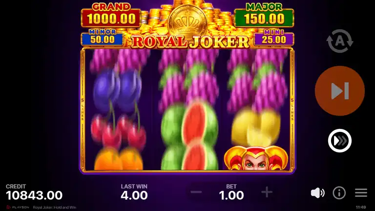 Royal Joker base game around spin 830, reels mid-spin, credit EUR 10,843.00, four bonus rounds largely absorbed by base-game losses