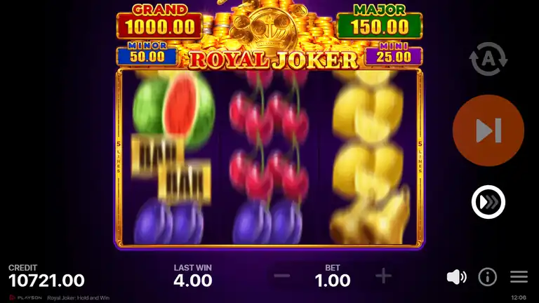 Royal Joker base game around spin 1,246, reels mid-spin, credit EUR 10,721.00, second bonus cluster beginning