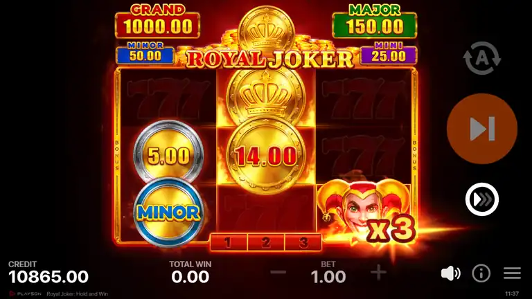 Royal Joker Hold and Win in progress - a MINOR jackpot coin (50x), a 5.00 coin, and the Royal Bonus crown with a 14.00 coin locked on the board, joker x3 multiplier, credit EUR 10,865.00