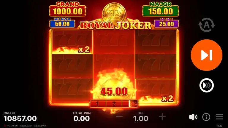 Royal Joker Hold and Win in progress near spin 250 - a 45.00 coin landing with x2 multipliers on the outer reels, respins running, credit EUR 10,857.00