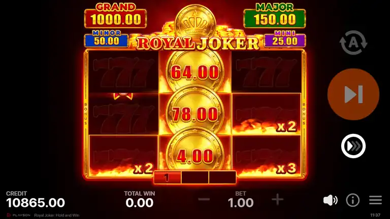 Royal Joker Hold and Win - center reel filled with coin values 64.00 + 78.00 + 4.00 = 146x, credit EUR 10,865.00, round in progress before collection